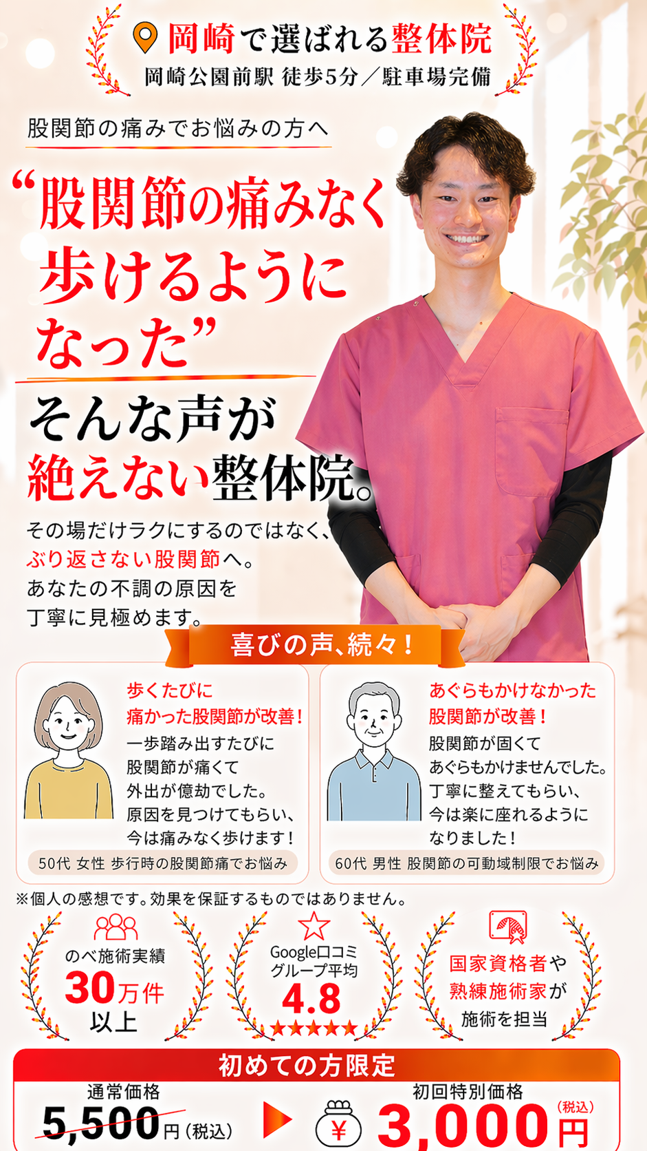 愛知県岡崎市の整体院 股関節痛専門ページ。 股関節の痛みなく歩けるようになった口コミ、初回3,000円、国家資格者が施術を担当